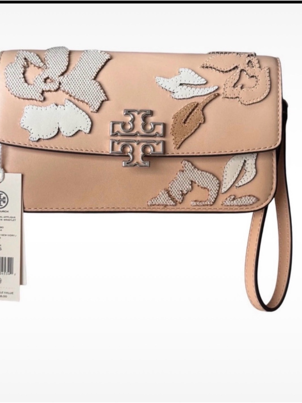 New Tory Burch Blush Floral Appliqué Leather Wristlet Clutch